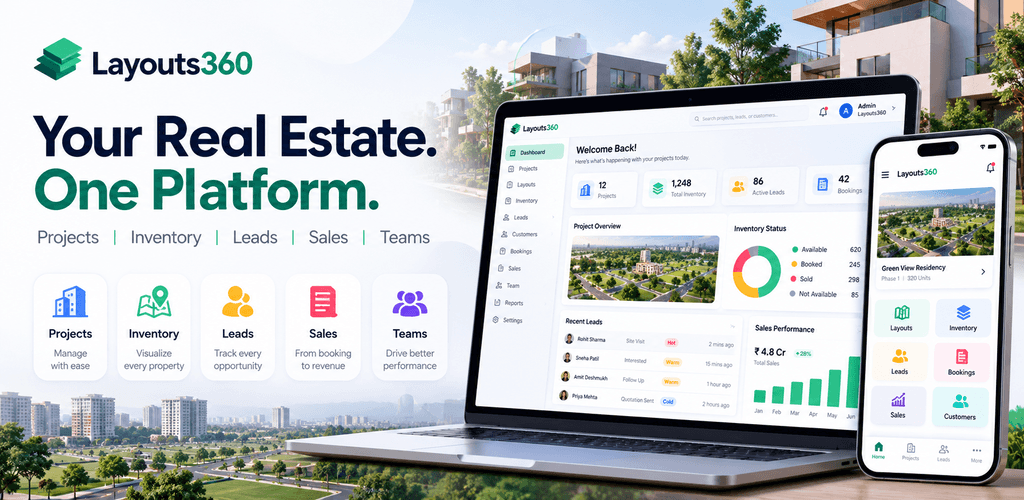 Layouts360 on laptop and phone — projects, inventory, leads, sales, and teams